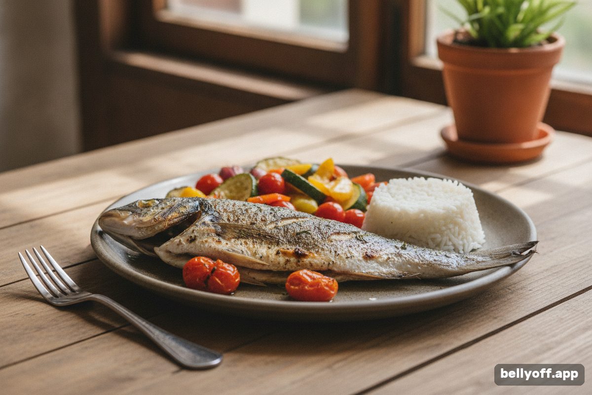 slow metabolism after 40: a plate with grilled fish, roasted vegetables and a small portion of rice on a wooden table