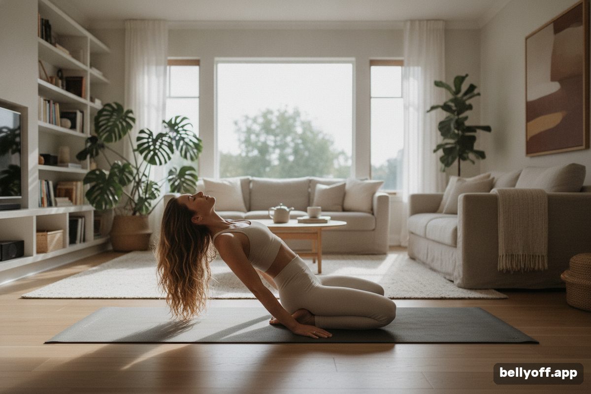 somatic exercises: a woman doing a slow, gentle floor movement on a mat in a living room, relaxed, daylight
