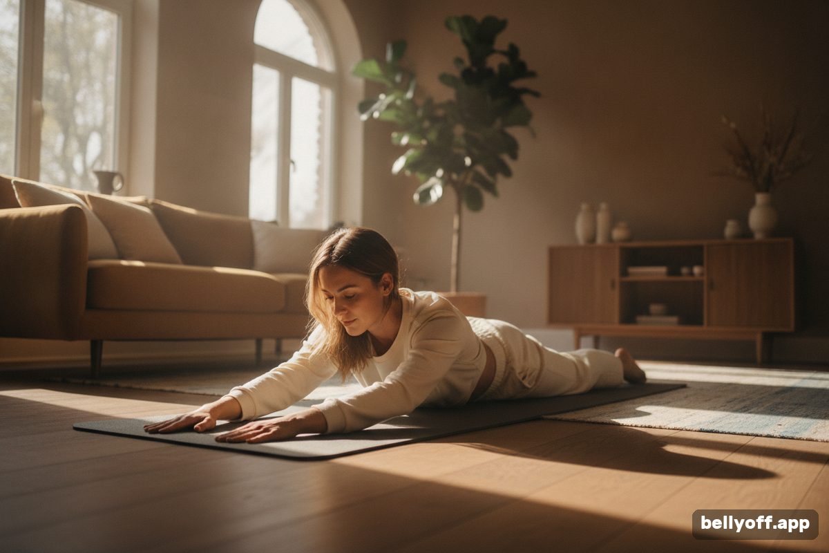 somatic exercises: a woman doing a slow, gentle floor movement on a mat in a living room, relaxed, daylight