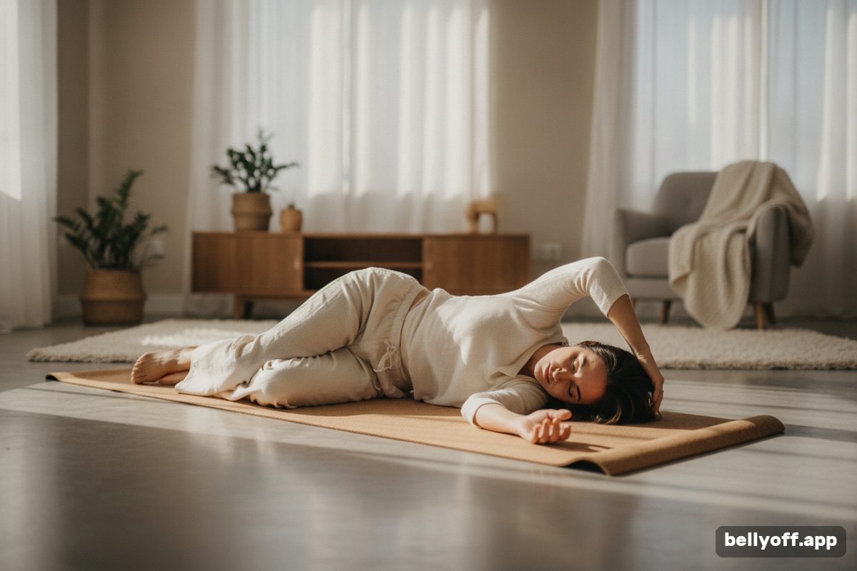 somatic exercises: a woman doing a slow, gentle floor movement on a mat in a living room, relaxed, daylight