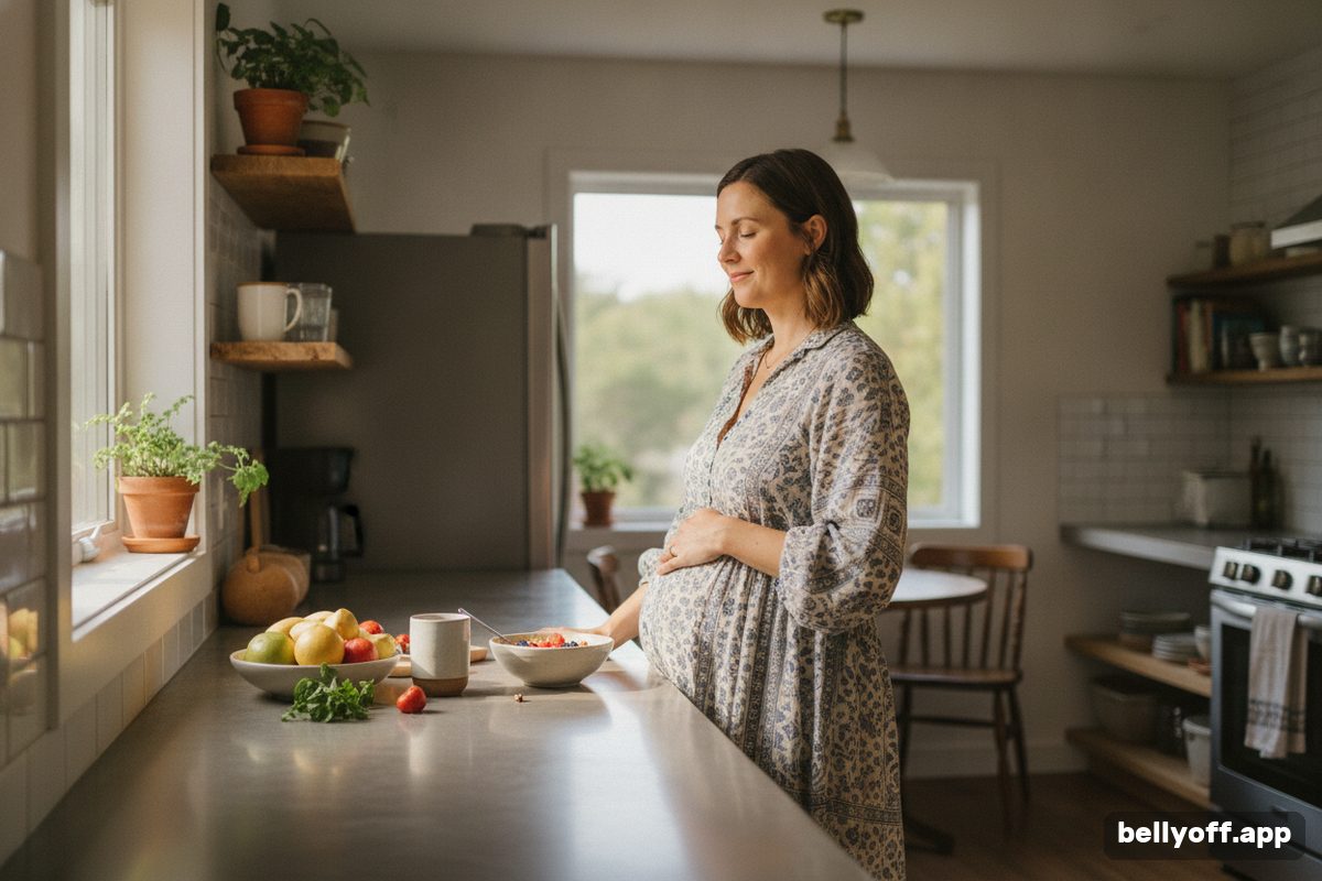stress belly: a woman at a kitchen counter pausing with a hand on her stomach, mid-morning light