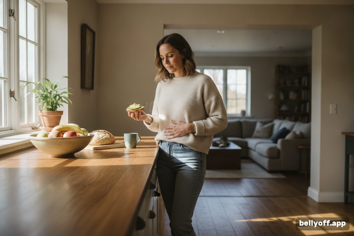 stress belly: a woman at a kitchen counter pausing with a hand on her stomach, mid-morning light