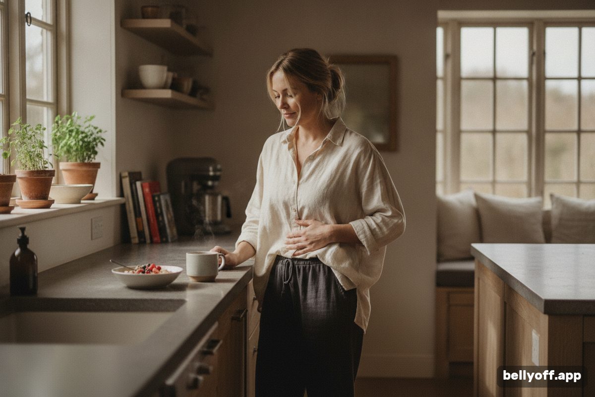 stress belly: a woman at a kitchen counter pausing with a hand on her stomach, mid-morning light