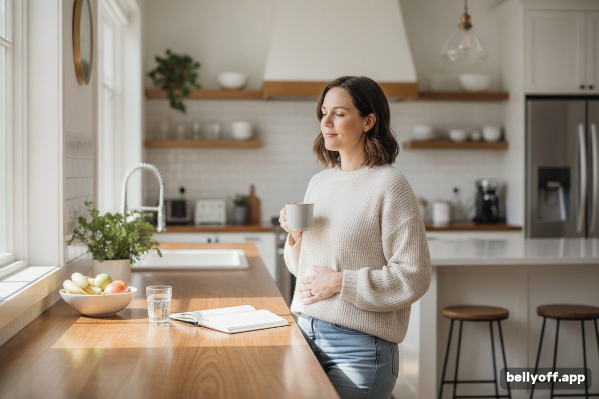 stress belly: a woman at a kitchen counter pausing with a hand on her stomach, mid-morning light