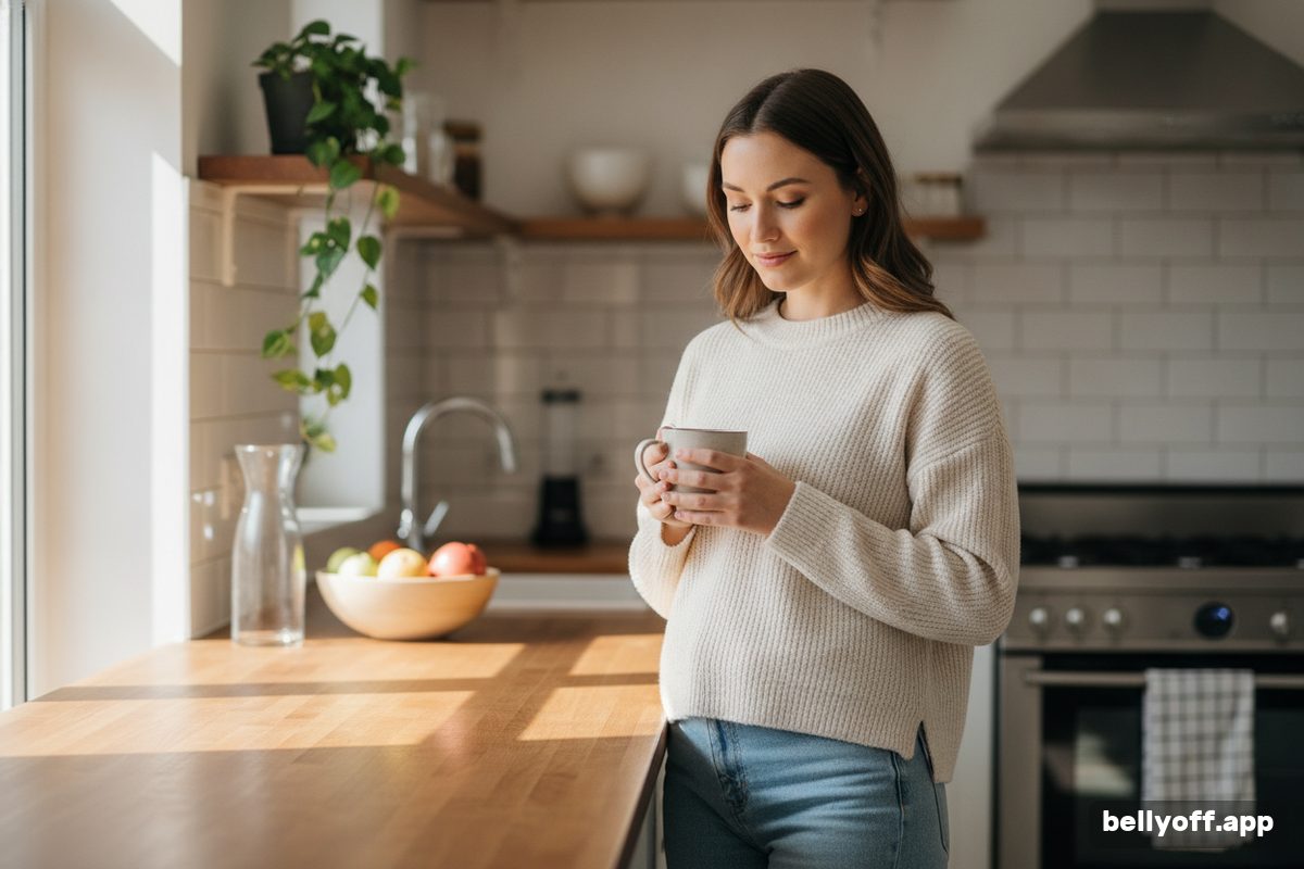 stress belly: a woman at a kitchen counter pausing with a hand on her stomach, mid-morning light