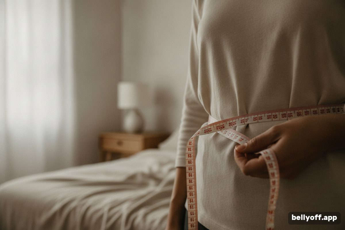 subcutaneous fat: close-up of a tape measure wrapped loosely around a waist over a plain neutral top