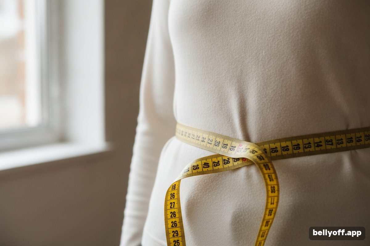 subcutaneous fat: close-up of a tape measure wrapped loosely around a waist over a plain neutral top