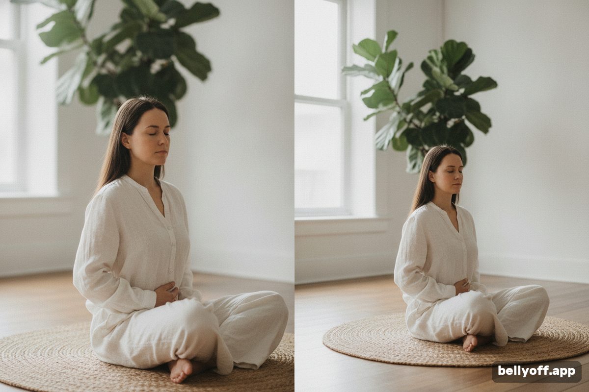transverse abdominis exercises: close-up of a woman seated on a mat with a hand resting on her lower belly, a plant and a window behind her