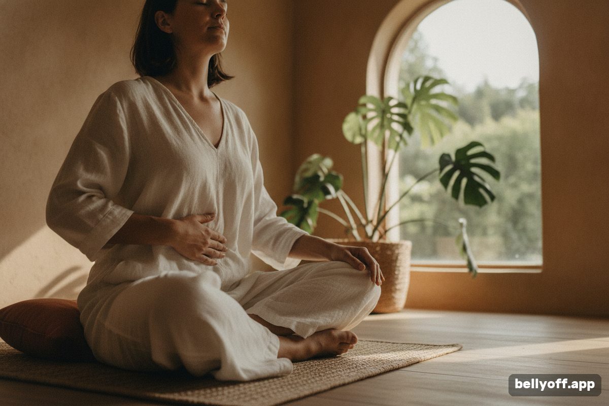 transverse abdominis exercises: close-up of a woman seated on a mat with a hand resting on her lower belly, a plant and a window behind her