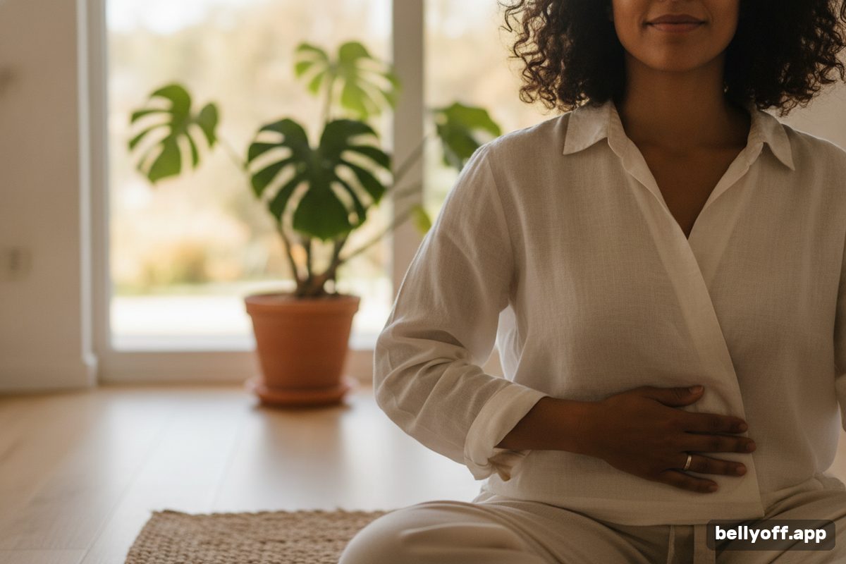 transverse abdominis exercises: close-up of a woman seated on a mat with a hand resting on her lower belly, a plant and a window behind her