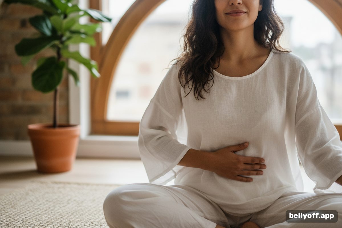 transverse abdominis exercises: close-up of a woman seated on a mat with a hand resting on her lower belly, a plant and a window behind her