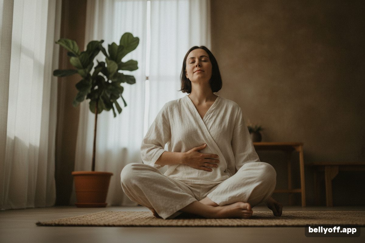 transverse abdominis exercises: close-up of a woman seated on a mat with a hand resting on her lower belly, a plant and a window behind her