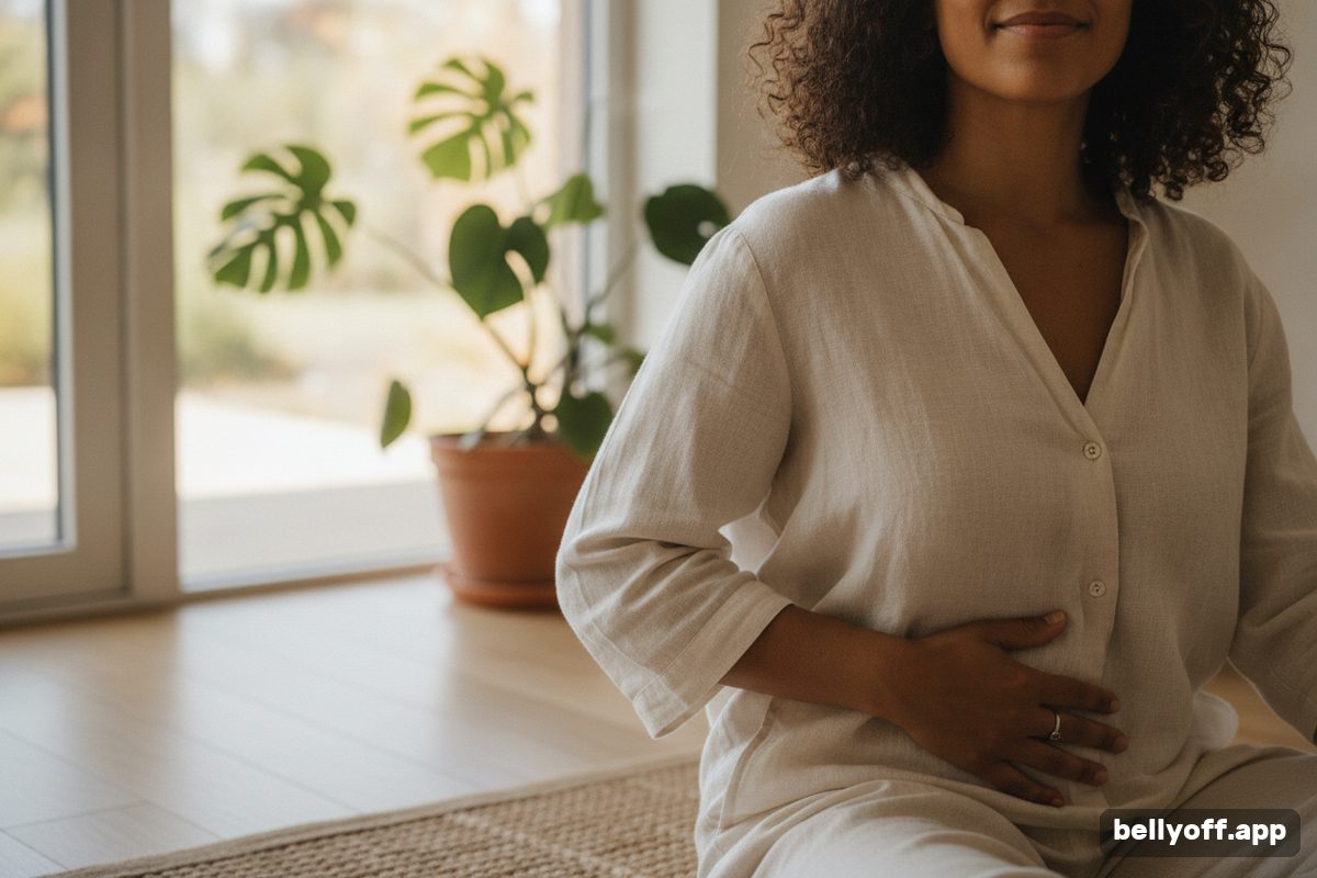 transverse abdominis exercises: close-up of a woman seated on a mat with a hand resting on her lower belly, a plant and a window behind her