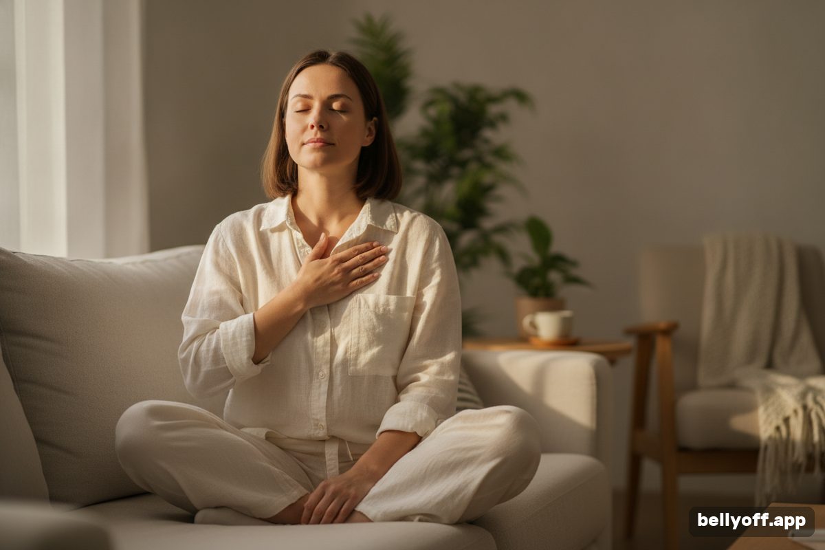 vagus nerve: a woman sitting cross-legged on a sofa with eyes closed, one hand resting on her upper chest