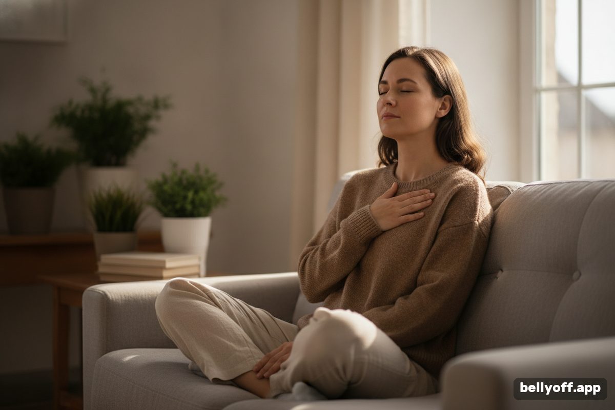 vagus nerve: a woman sitting cross-legged on a sofa with eyes closed, one hand resting on her upper chest