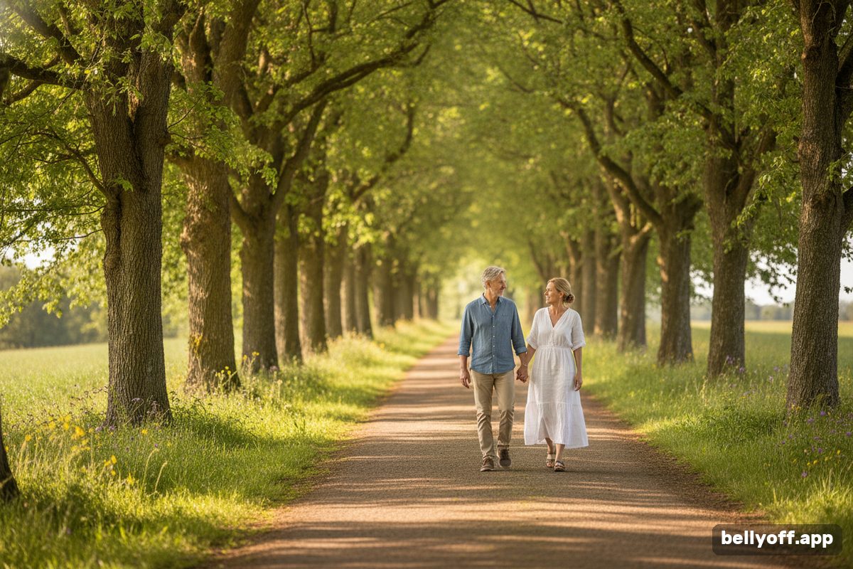 walking to lose belly fat: a middle-aged couple walking at a relaxed pace along a tree-lined path, late afternoon light