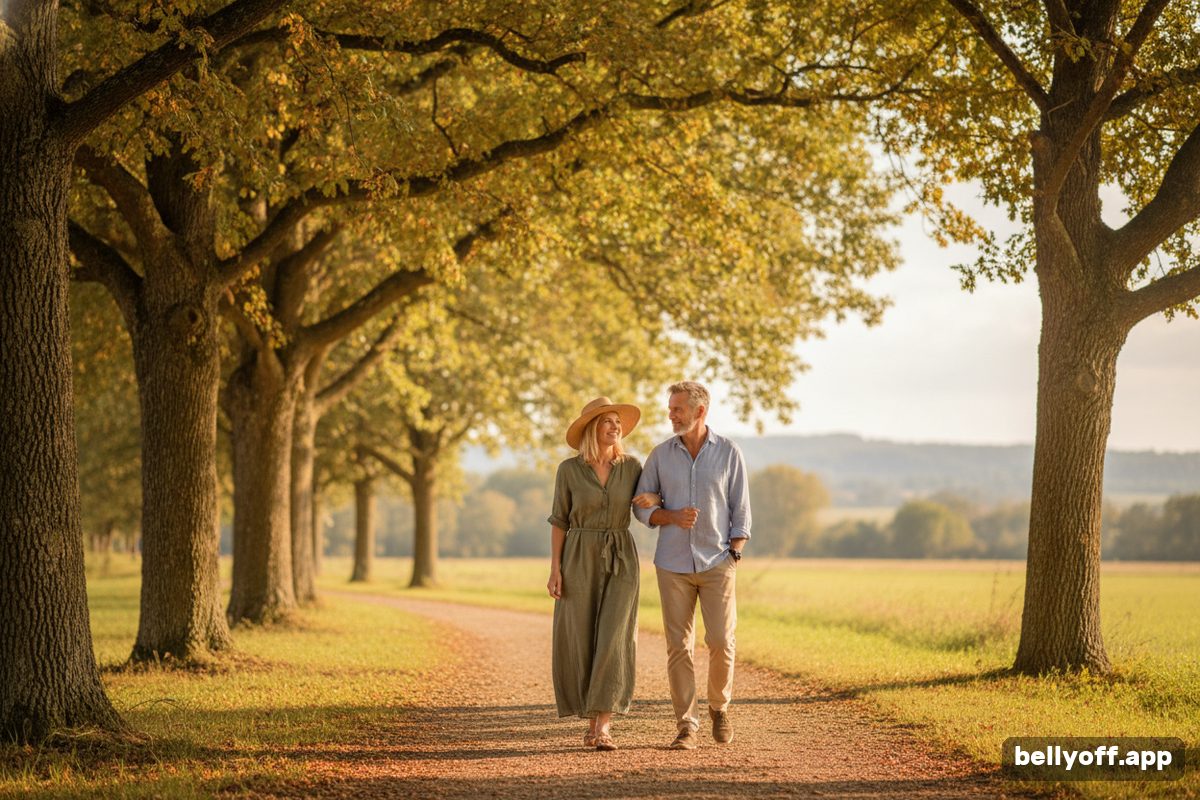 walking to lose belly fat: a middle-aged couple walking at a relaxed pace along a tree-lined path, late afternoon light